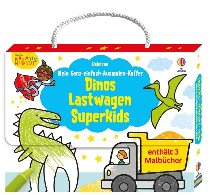 »Kleine Kreativ-Werkstatt - Mein Ganz-einfach-Ausmalen-Koffer: Dinos, Lastwagen, Superkids« — USBORNE